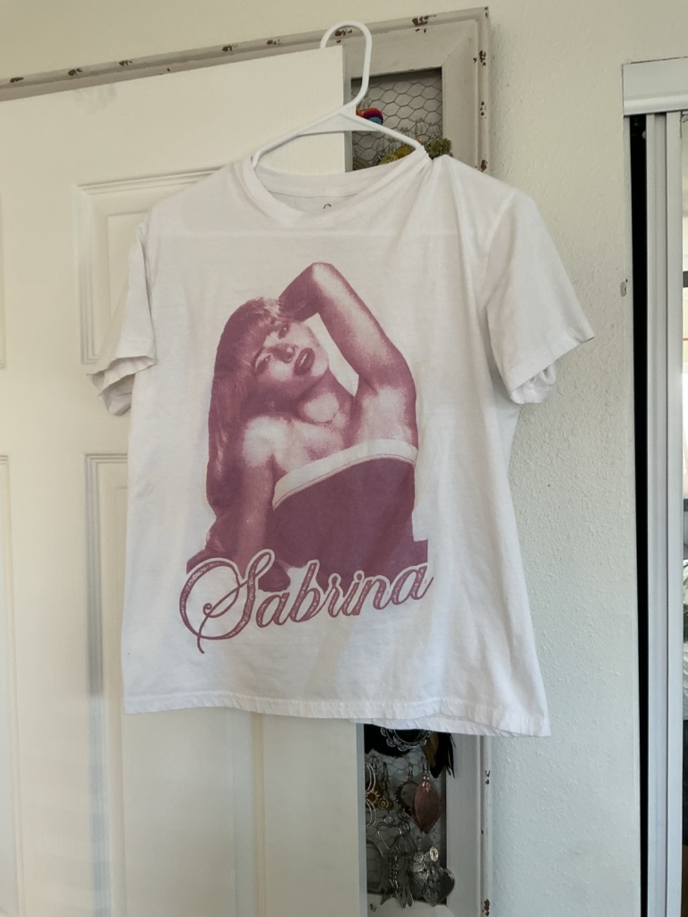 White Short-Sleeve Sabrina Graphic Tee in Pink Print